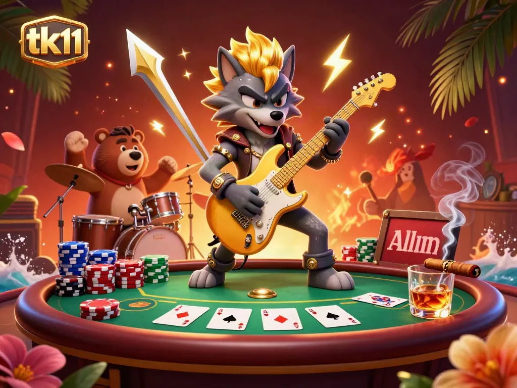 Immerse in tk11 casino excitement with a cartoon wolf rocking an electric guitar amidst colorful poker chips and vibrant decor.