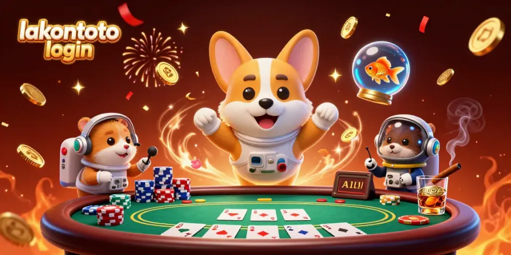 Gambarkan suasana seru saat login di lakontoto dengan astronaut corgi dan karakter unik lainnya.
