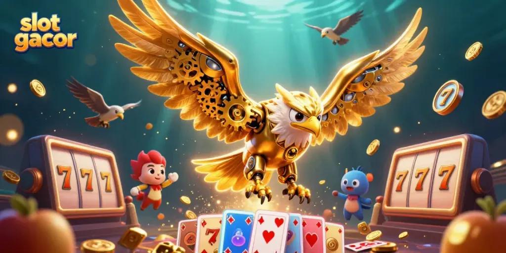 Engage in the slot gacor experience with a dynamic 3D illustration of a cybernetic eagle soaring amidst thrilling gaming elements.