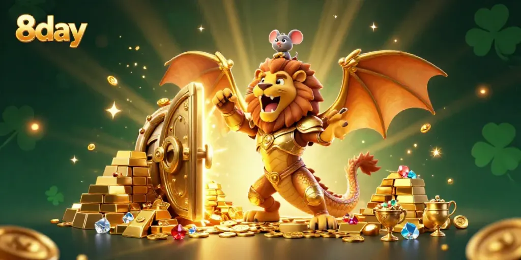 Engage with thrilling 8day gameplay featuring a golden chimera amidst treasure and vibrant casino elements.