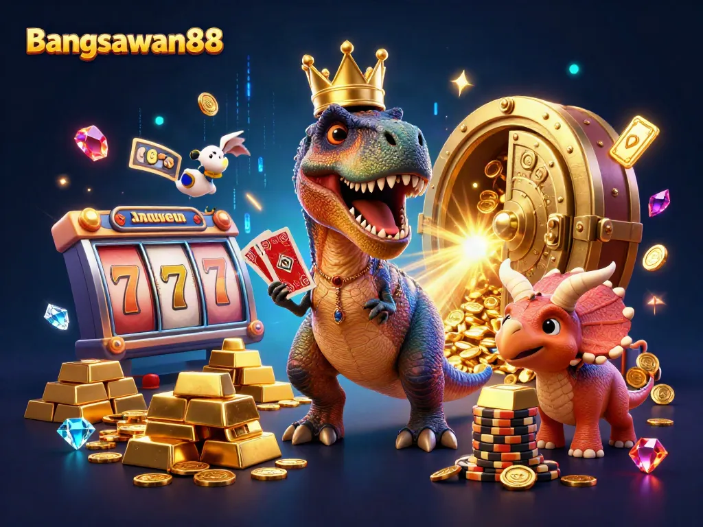 Bangsawan88 showcases an engaging 3D casino scene featuring a friendly T-Rex shuffling cards with a pterodactyl assistant, enhancing the fun of online gambling.