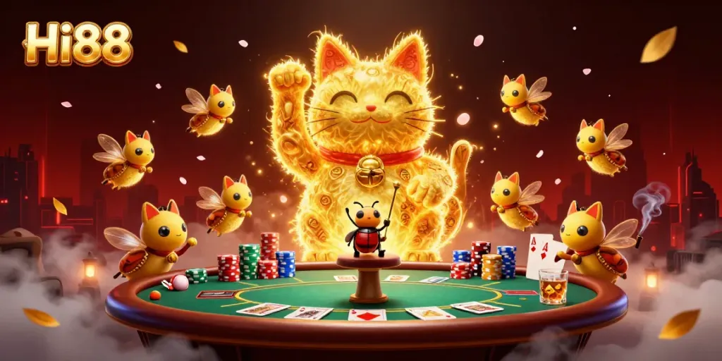 Join the vibrant casino action with Hi88, where playful fireflies become a lucky cat amidst poker excitement.