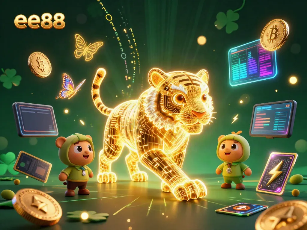 Experience the vibrant energy of EE88 casino with a 3D cartoon neon golden tiger and glowing crypto coins.