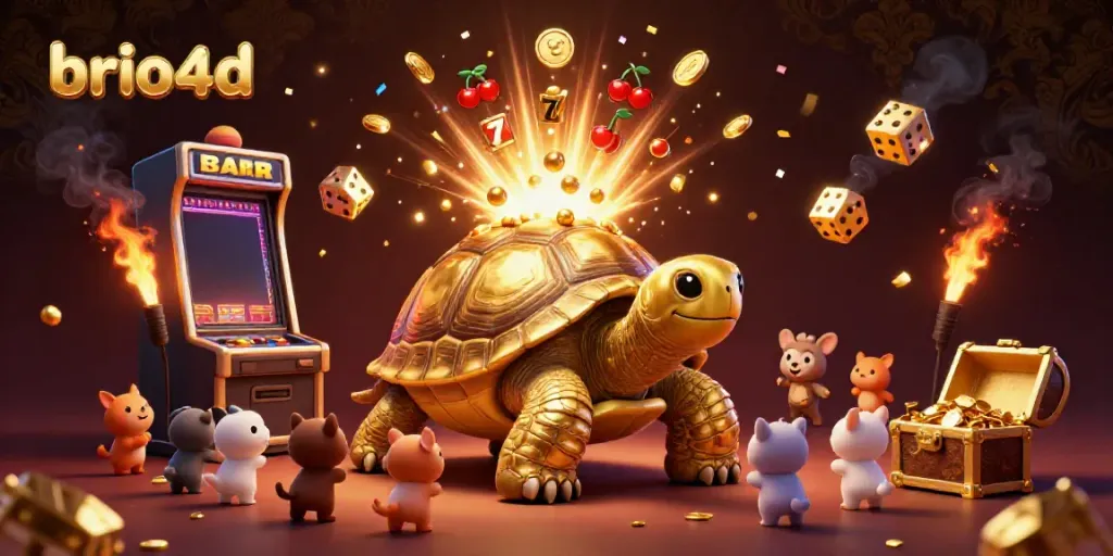 Play slots at brio4d, featuring a colossal golden tortoise pinball with vibrant casino elements exploding with excitement.