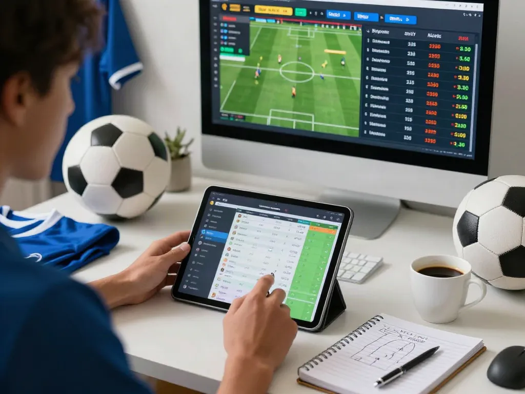 WWBOLA user analyzing sports betting statistics in a vibrant home office.