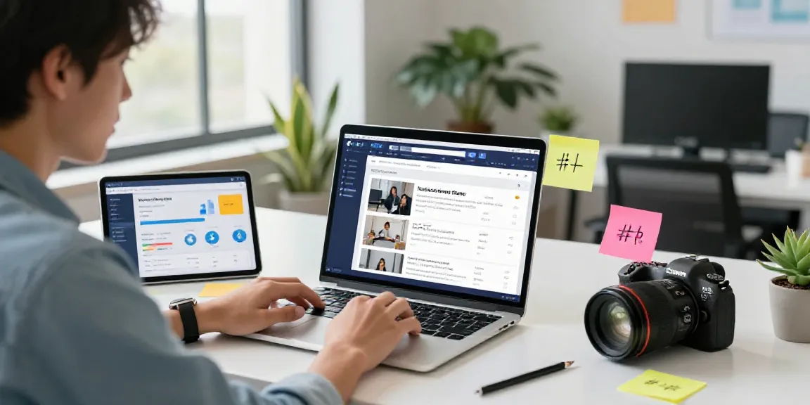 AI generated Facebook posts creation in a modern marketing workspace featuring a professional using a laptop and tablet.