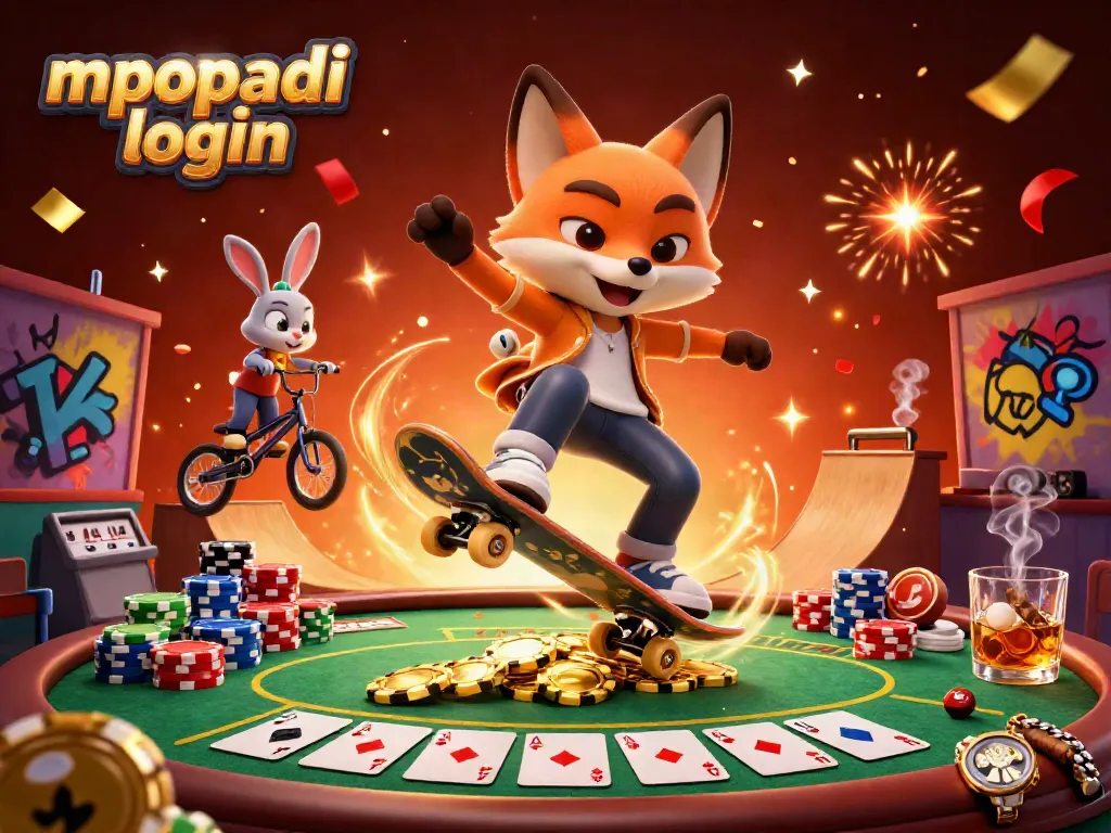 Experience the excitement of mpopadi login with a dynamic fox and rabbit in a vibrant casino scene.