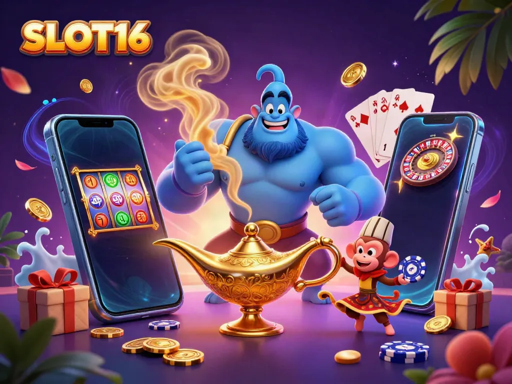 Experience thrills with SLOT16's immersive casino scene featuring a genie, monkey, and spinning slot games.