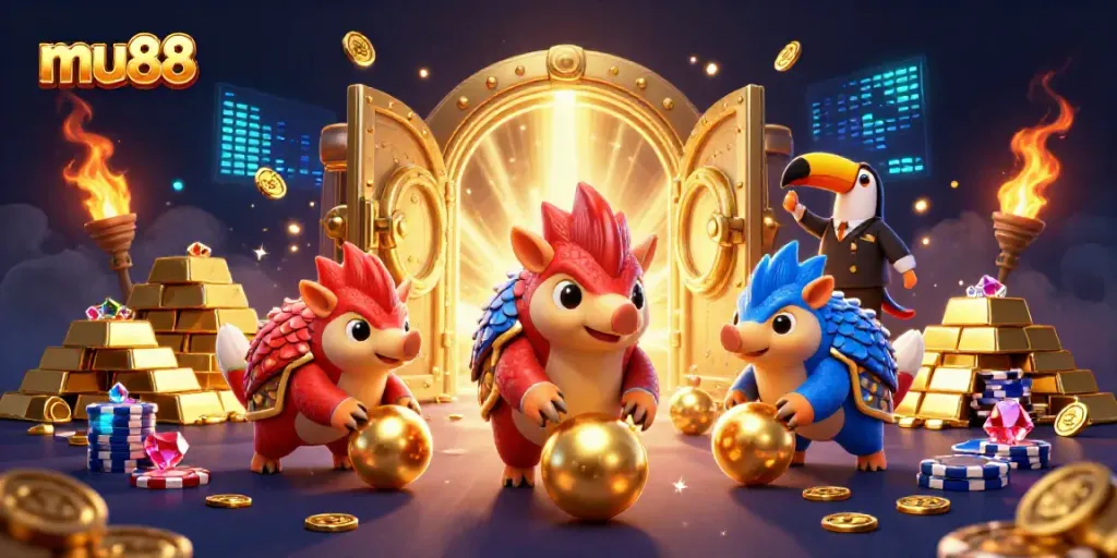 Experience thrilling gameplay with mu88 as rival pangolins roll through golden poker chips in this 3D illustration.