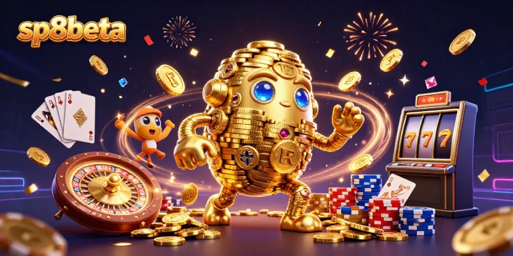 Experience sp8beta with an immersive 3D illustration of gold-themed casino elements, showcasing excitement and winnings.