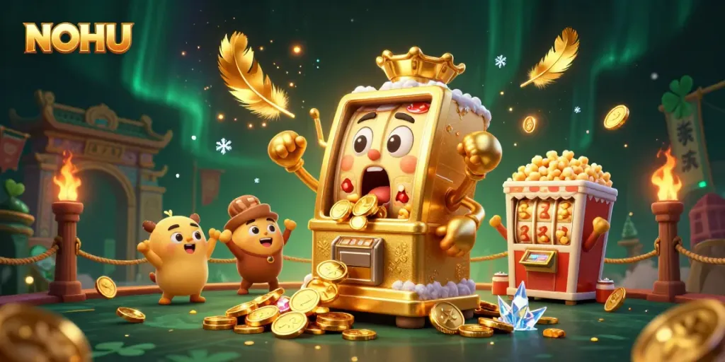 Experience an exciting slot machine jackpot moment at NOHU, featuring animated characters and golden coins.