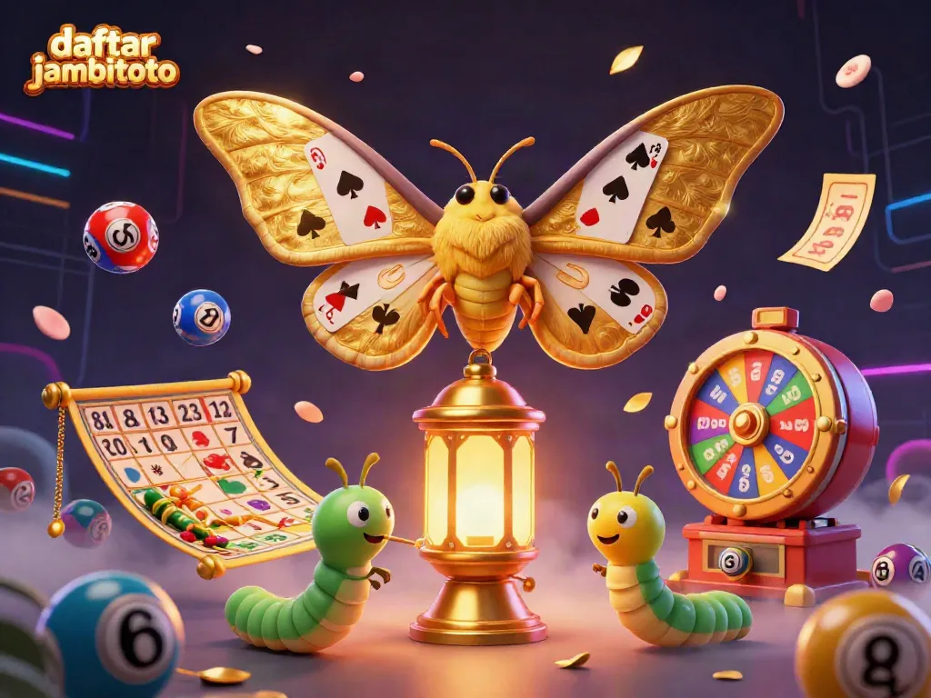 Engage with the vibrant world of daftar jambitoto, where the golden atlas moth represents online gambling excitement amidst colorful lottery elements.