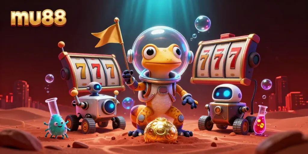 Experience the excitement of mu88 with a cartoon Martian gecko discovering a golden casino.