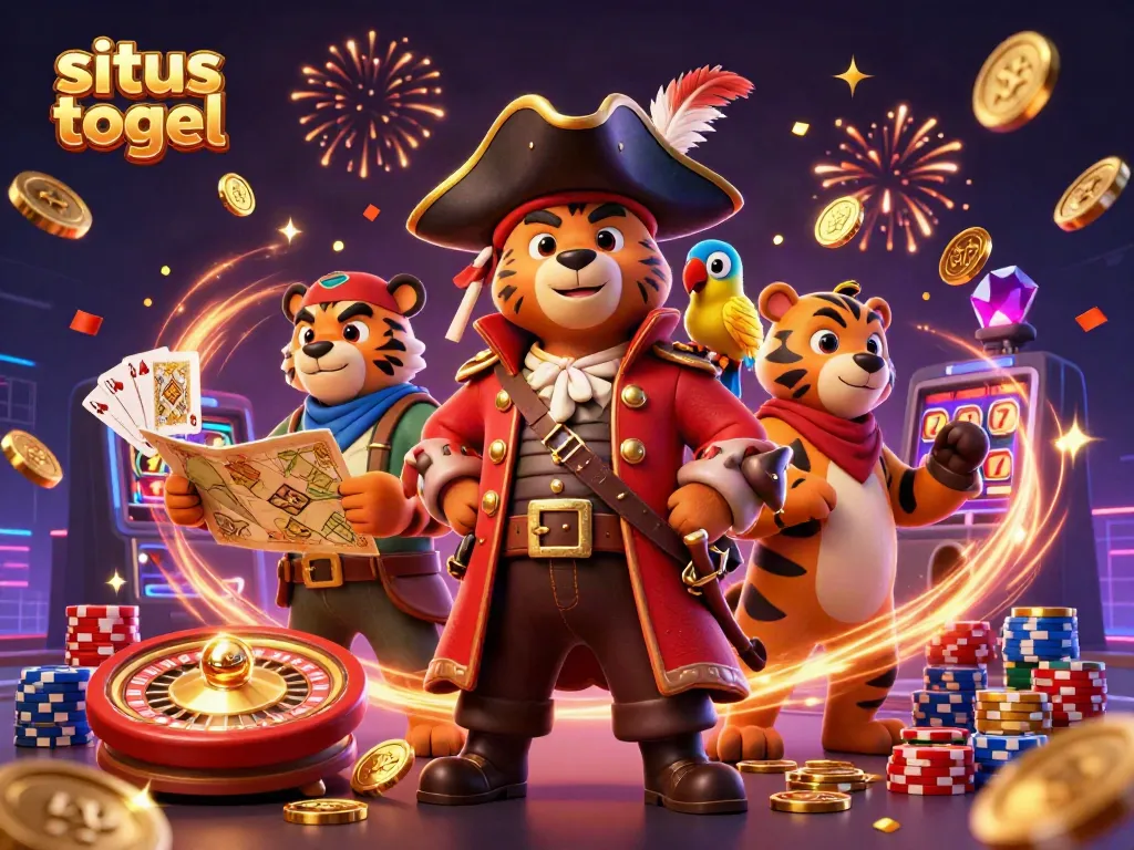 Engaging scene with "situs togel" theme, featuring pirate bear, fierce tiger, and golden coins.
