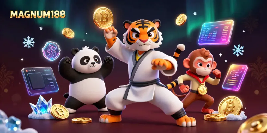 Join the excitement with MAGNUM188 while navigating a vibrant online gaming scene featuring playful cartoon characters.