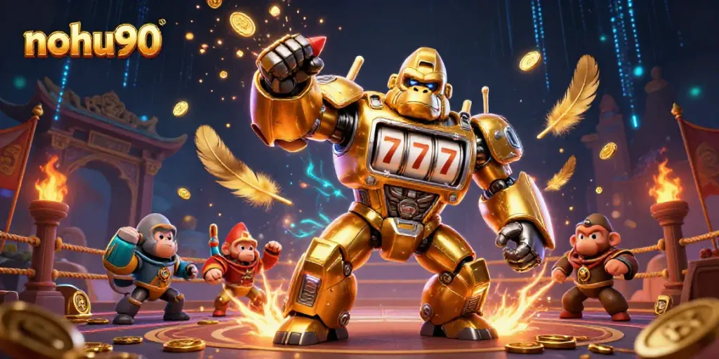 Hit the jackpot with nohu90’s stunning illustrated casino scene featuring a mech gorilla and vibrant game elements.