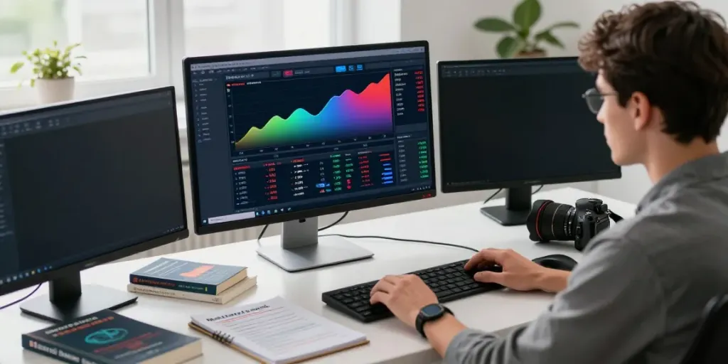 Trader using MetaTrader 5 on multiple screens in a modern office.