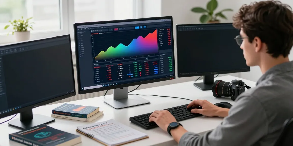 Trader using MetaTrader 5 on multiple screens in a modern office.