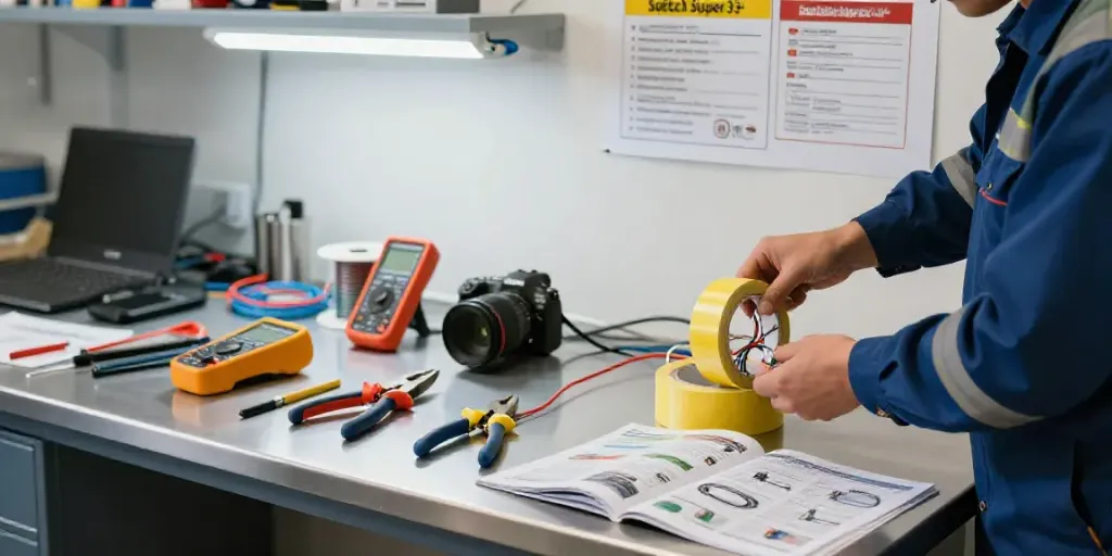 Technician using Super33 Daftar electrical tape in a vibrant workspace