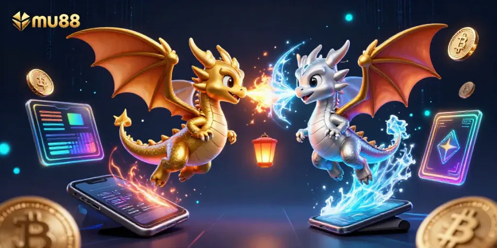 Engage in epic battles with mu88 featuring gold and silver dragon characters amidst vibrant crypto themes.