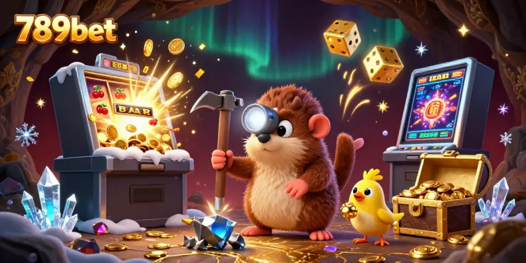 Experience the thrilling world of 789bet: a treasure hunter mole and canary amidst a jackpot explosion in an exciting casino landscape.