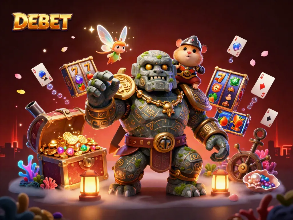 Spin the reels with DEBET as an ancient golem and magical companions guard treasure in a vibrant casino scene.
