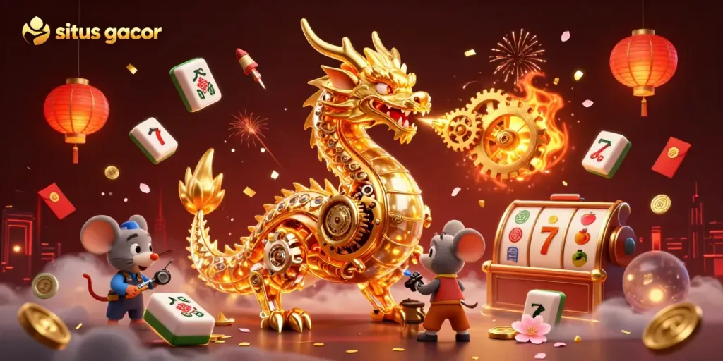 Experience the thrilling world of situs gacor with a dynamic 3D dragon illustration featuring slots and colorful game elements.