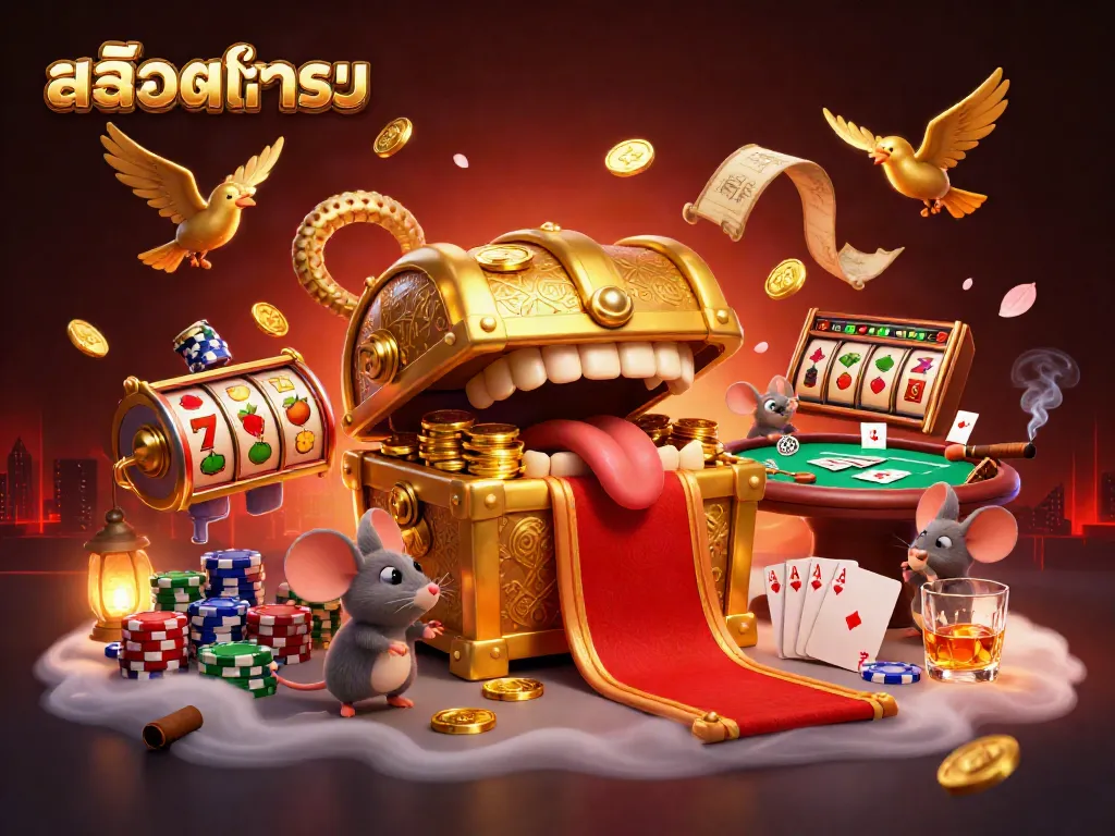 Engage in สล็อตทดลอง with a vibrant 3D artistic scene featuring adventurous mice and treasure.