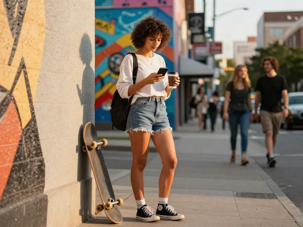 Look at this now: Trendy urban lifestyle scene with young woman checking smartphone.