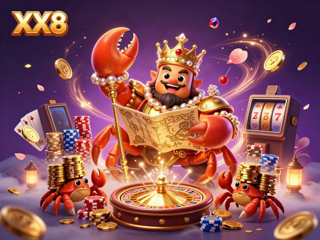 Experience the excitement of XX8 with a golden crab emperor in a vibrant, dynamic casino scene.