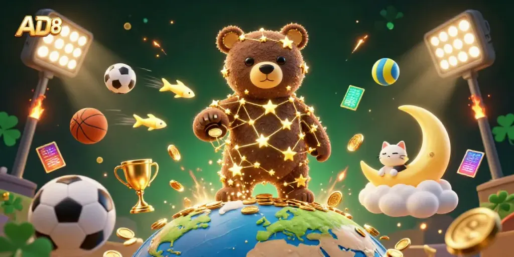 Engage in thrilling sports betting action with AD88 while a constellation bear gathers riches.