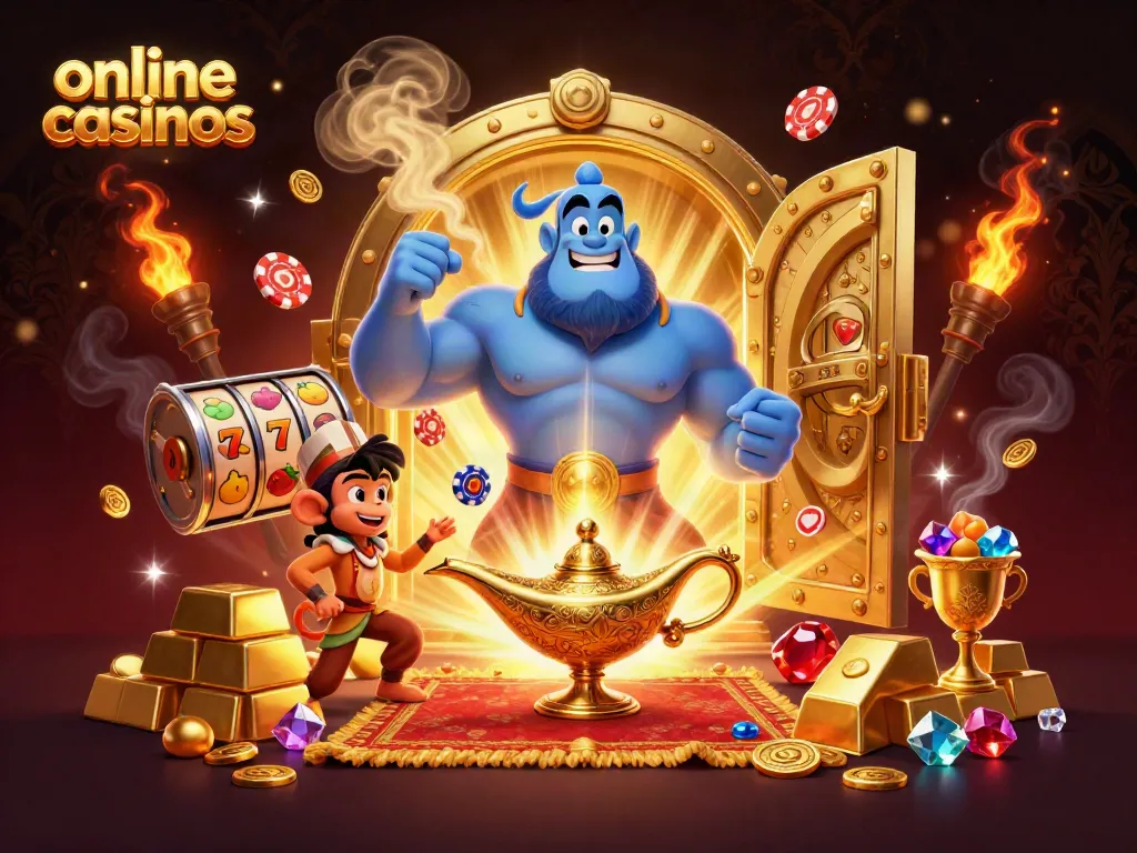 Illustration depicting online casinos with a genie, monkey, and magic carpet flying through jewels and treasures.