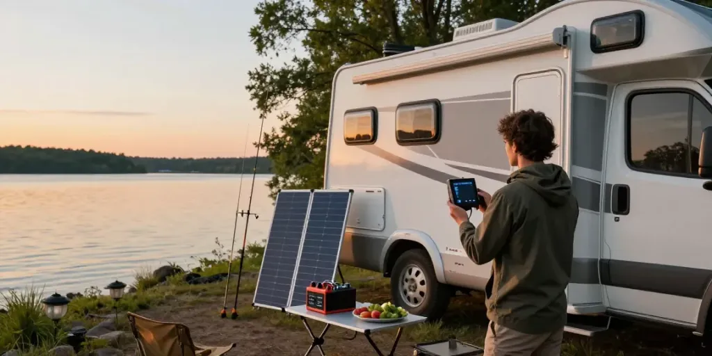 Person monitoring a 12-volt battery system near an RV by the lake, showcasing outdoor adventure.