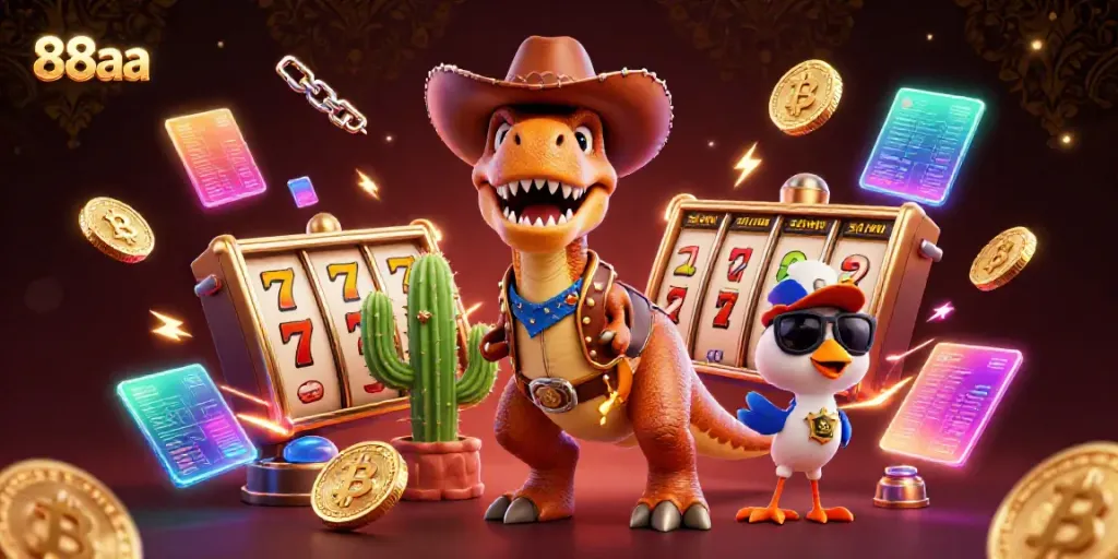 Experience the thrilling world of 88aa with a cowboy dinosaur and jackpot symbols!