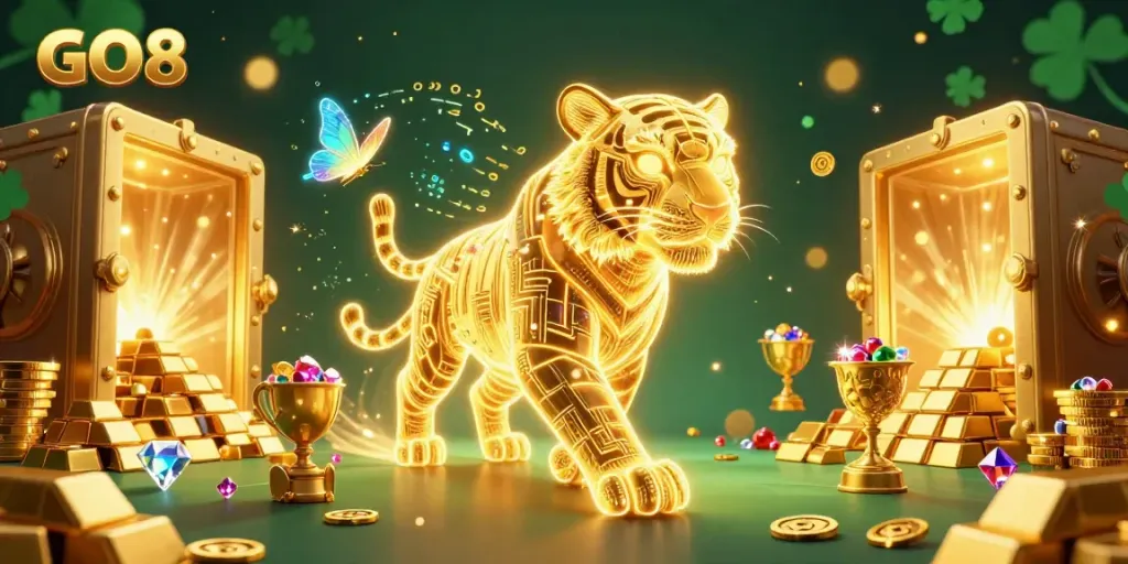 Experience the thrill of GO8's digital casino with a neon tiger and winning treasures.