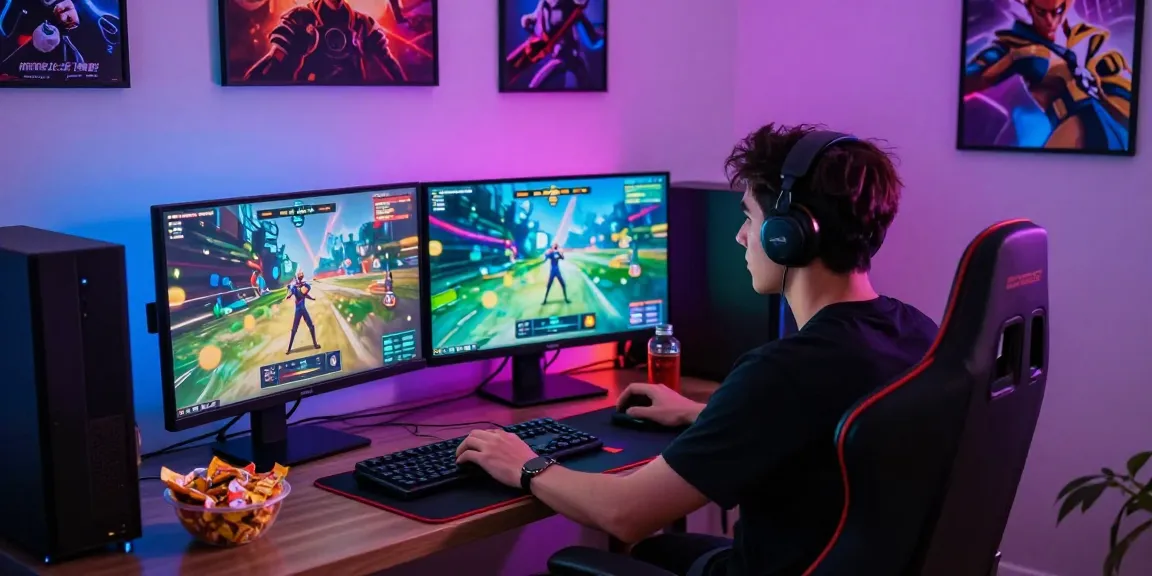 Engaging gamer playing immersive porn games on dual monitors in a vibrant gaming setup.