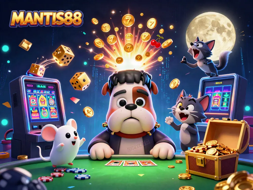 MANTIS88 offers a thrilling casino experience with a 3D Frankenstein bulldog dealer amidst vibrant game elements.