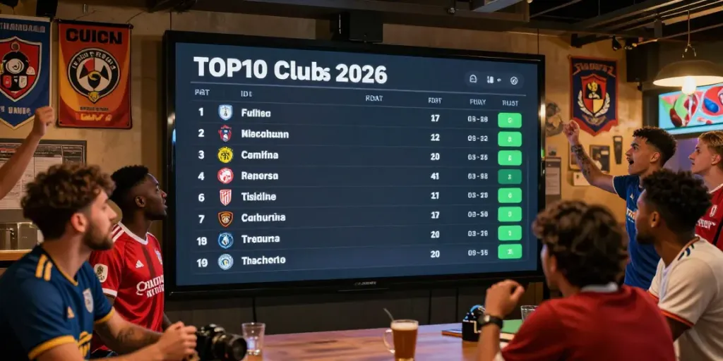 Football fans analyzing the TOP10 สโมสร standings in a lively sports bar setting.