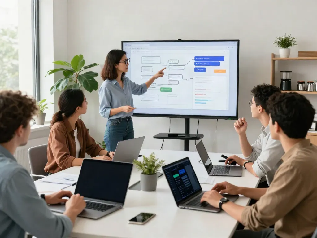 Diverse team collaborating on an unfiltered AI chat platform during a brainstorming session in a modern office.