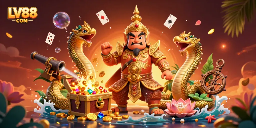 Experience the adventure of LV88 COM with a vibrant underwater casino scene featuring a friendly yaksha guardian.