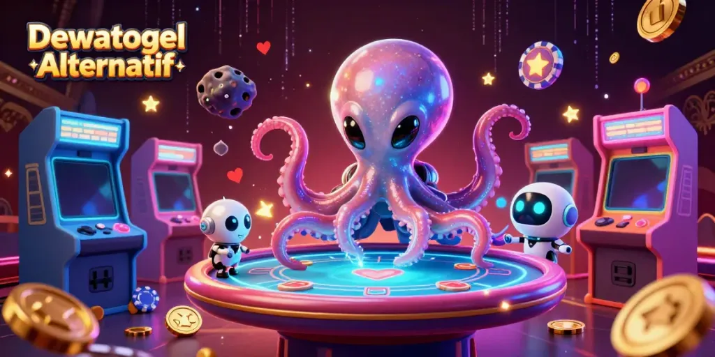 Dewatogel Alternatif offers players a vibrant and thrilling gaming experience with alien characters at a holographic poker table.