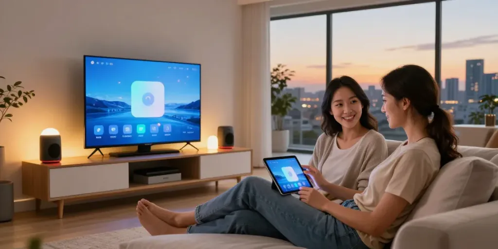 Smart home living room with modern audio system and couple relaxing