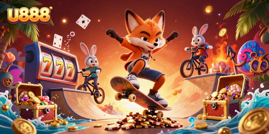 Experience u888, featuring a skateboarder fox and BMX rabbit amidst dynamic gambling elements.