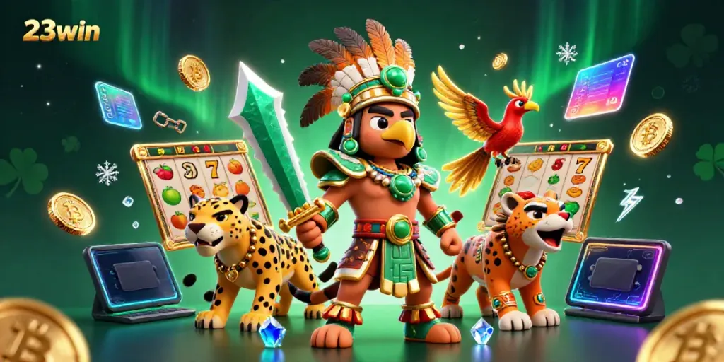 Join the excitement at 23win with dynamic slot reels and an energetic casino scene.