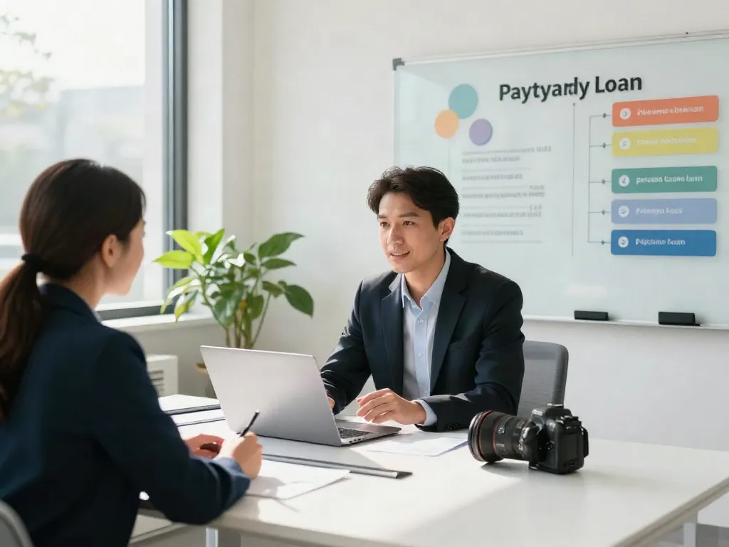 Consultant discussing payday loans at https://alberta.paydayloans-on.ca in a modern office setting.