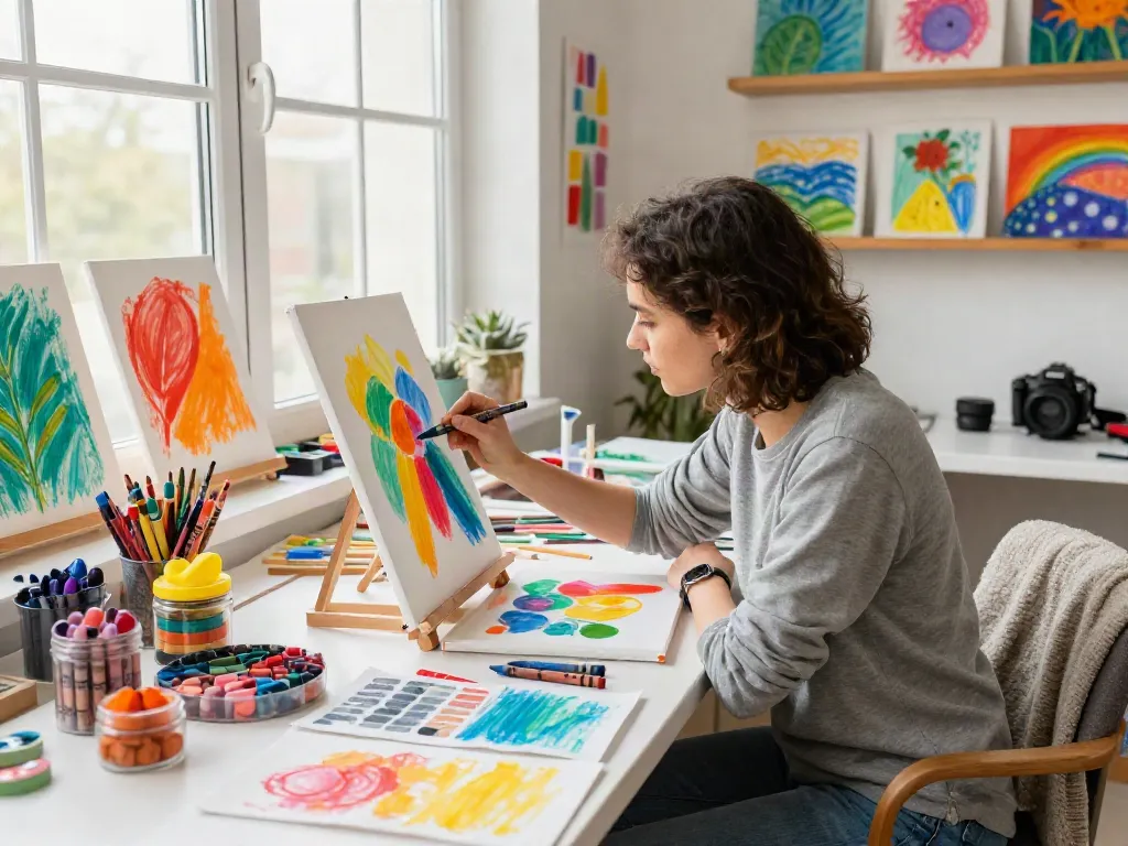Colorful art studio with a crayon supplier's products in use, featuring vibrant wax crayon artworks.