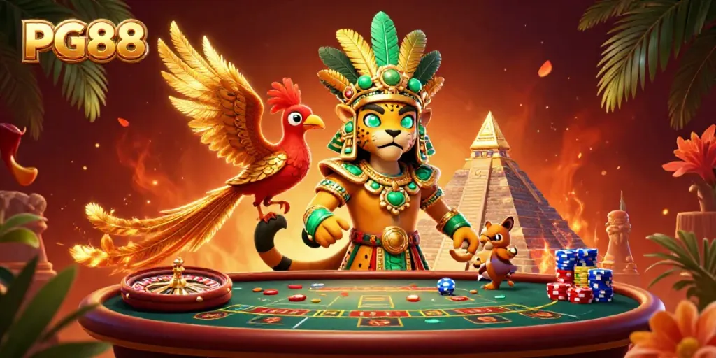 Engage in thrilling live casino action with PG88's vibrant atmosphere featuring a Mayan priest, roulette wheel, and dynamic elements.