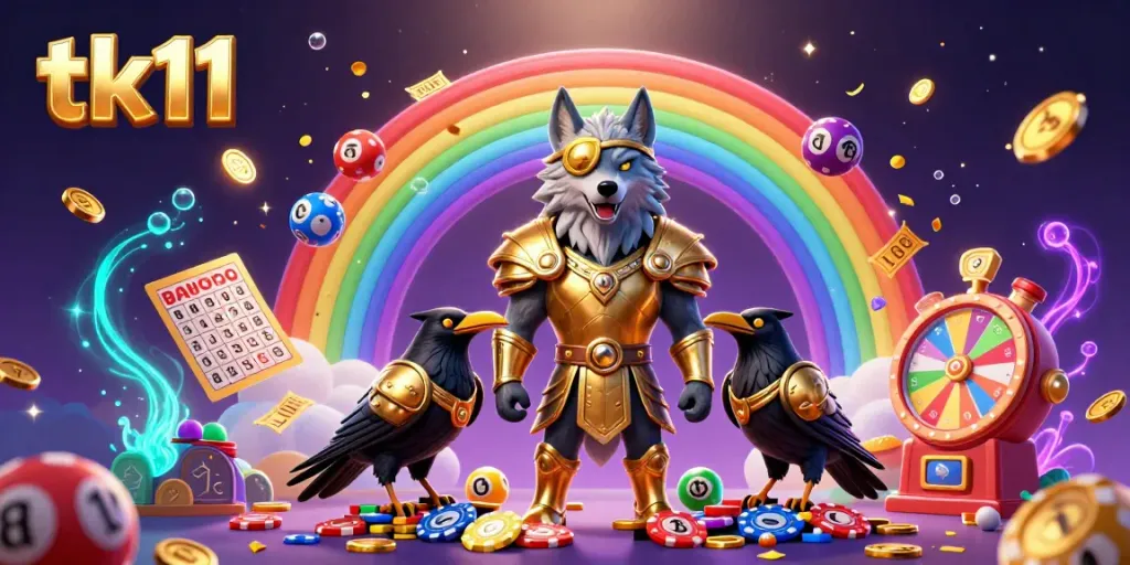 Engage in thrilling tk11 gameplay as a Norse-inspired wolf and ravens celebrate on a vibrant casino bridge.