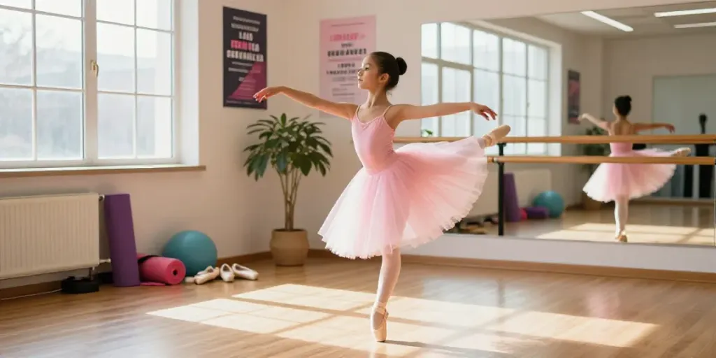 Ballet practice scene featuring a young dancer in a pink tutu at tutu-store.com