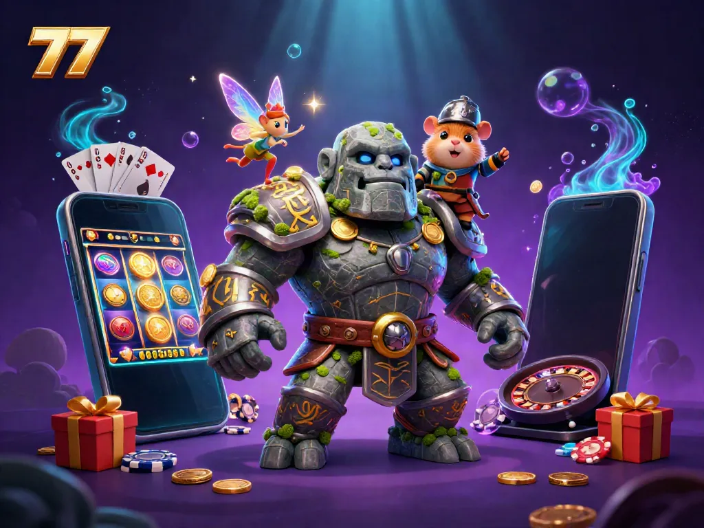 Engaging 77-themed casino illustration showing a golem guardian, a fairy, and a hamster knight amidst gaming elements.